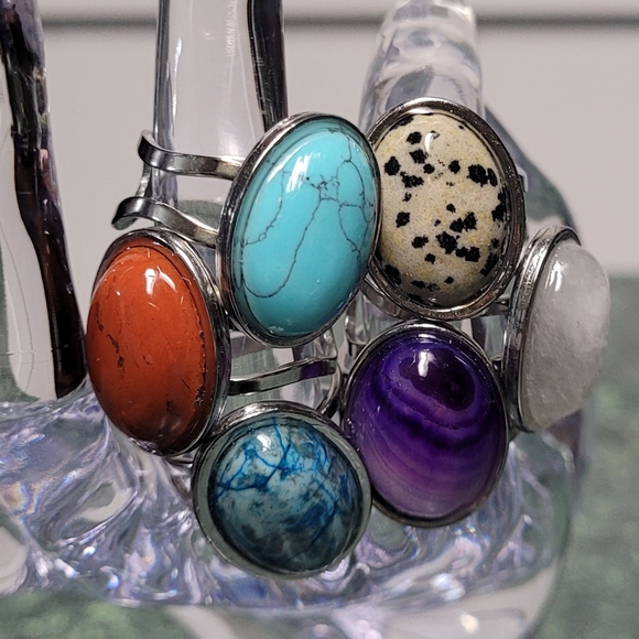 Multi-Variety Stone Silver Stainless Steel Rings Size 7-8 - Picture 10 of 16